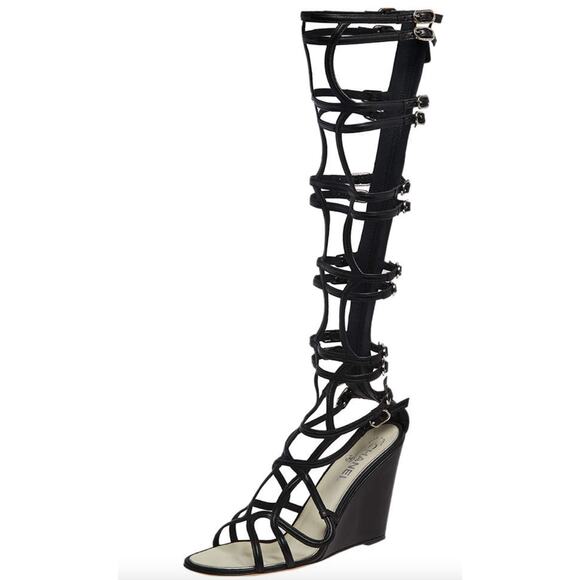 Chanel Leather Open Toe Knee High Caged Gladiator Wedge Sandals I 38